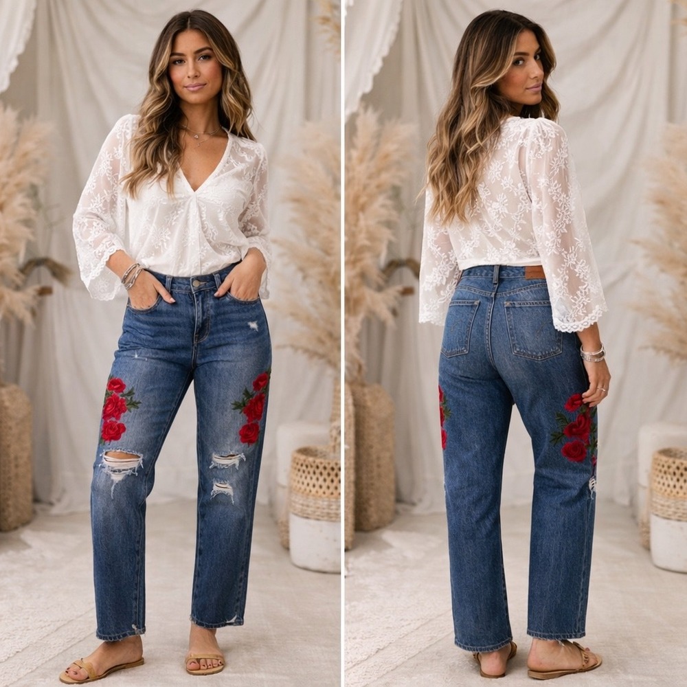 Levis 501 T Boho Western Chic Rose Embroidered Distressed Button Fly Jeans *9/10